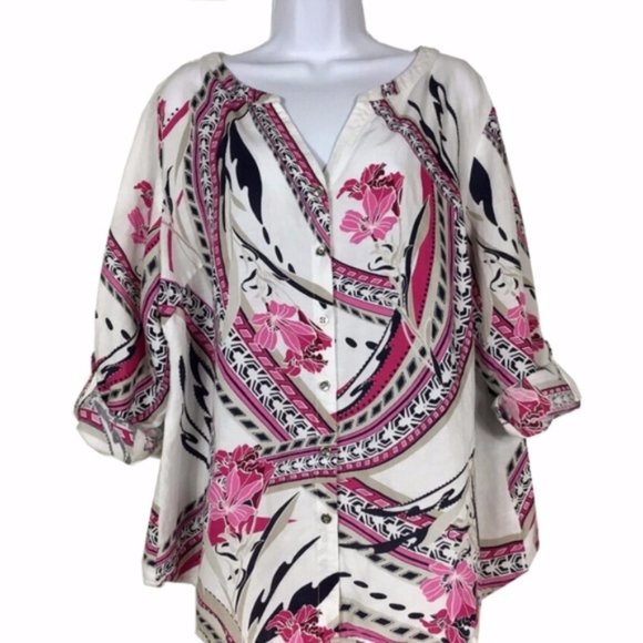 JM Collection Tops - Linen Blend Floral Swirl Top Blouse JM Collection